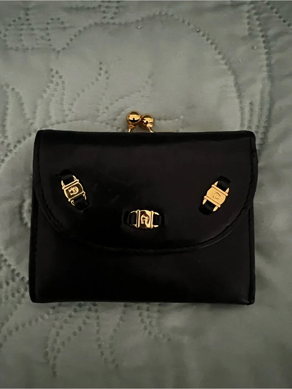 Etienne Aigner Black Leather Coin & Card Holder with Gold Accents